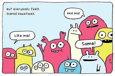 A collection of yellow, rose, and blue creatures acknowledge the feel scared sometimes.