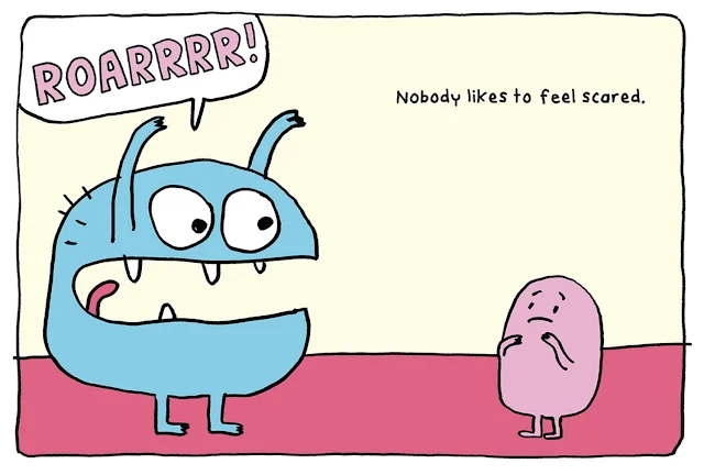 A large and round blue monster with mouth wide open roars at a small pink creature with a concerned face.