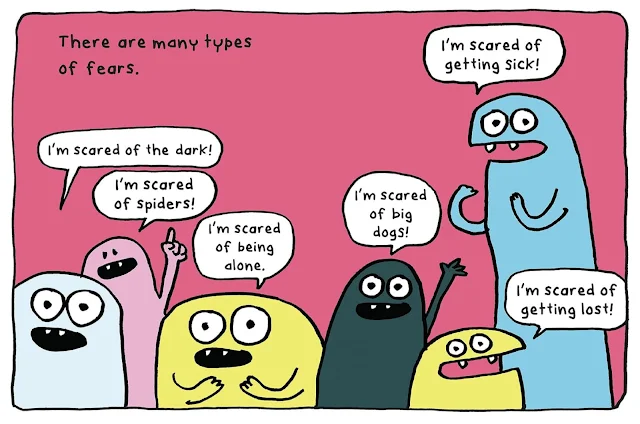 A diverse group of colourful creatures shout out their fears.