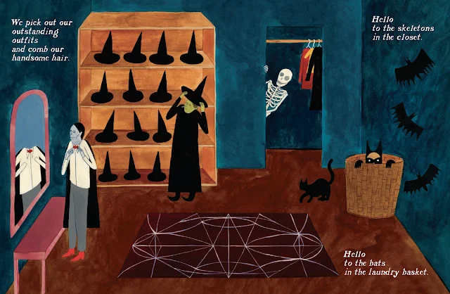 A vampire adjusts his red bowtie in front of a mirror as a witch tries on one of her many witch's hats. A skeleton peers around the closet door, and bats and a bat-masked creature peek out of a laundry basket.