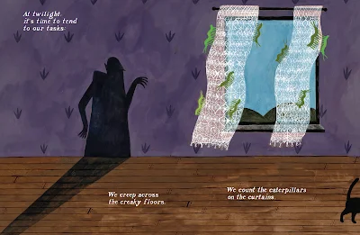 A shadowy creature counts on their fingers the many green caterpillars clinging to lace curtains.