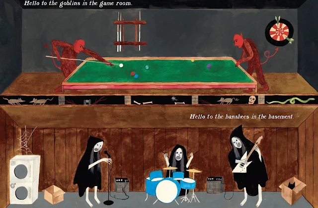 Two red goblins play pool in a games room above a basement where a band of black-caped banshees play music