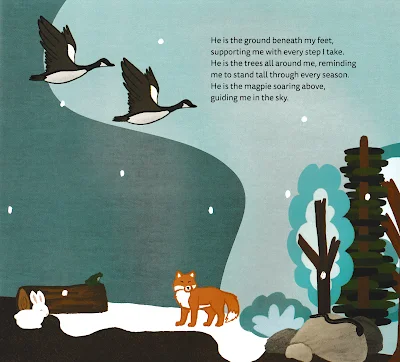 Illustration by Jadyn Williams from "The Land Speaks," written by Jadyn Williams Two Canada geese fly above a snowy landscape of trees and rock where a white rabbit, a fox, a frog and a snake are seen.