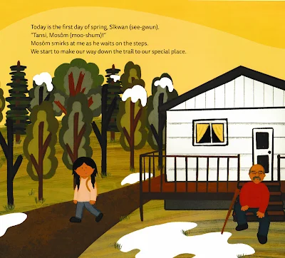 Illustration by Jadyn Williams from "The Land Speaks," written by Jadyn Williams A girl arrives at the home of an elderly man who sits on the steps of his porch. There are trees nearby and patches of melting snow.