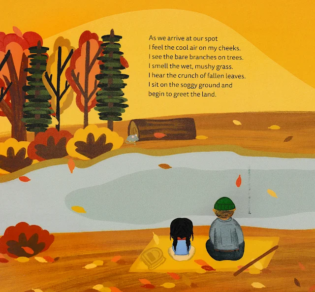 Illustration by Jadyn Williams from "The Land Speaks," written by Jadyn Williams A girl and her grandfather sit at a pond in the spring, as snow melts around them, crocuses blossom, and birds like a robin and Canada geese are seen.