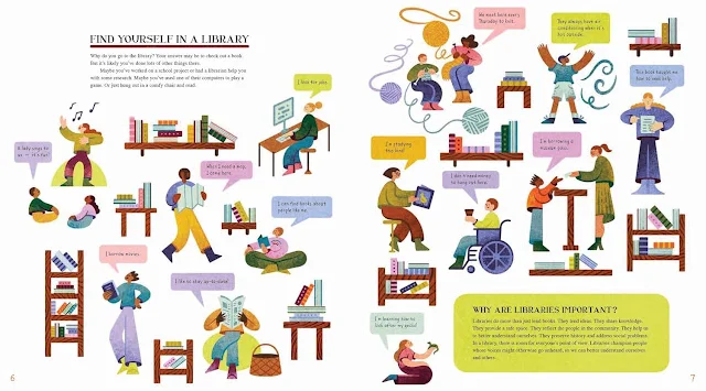 Illustration by Chanelle Nibbelink from "This Is a Library Book," written by Joyce Grant Many people are shown at libraries reading, singing, looking at maps, knitting, working on a computer, and more.