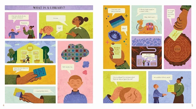 Illustration by Chanelle Nibbelink from "This Is a Library Book," written by Joyce Grant A child asks an adult what a library is, and she shows him a library underground, one on a camel, one that won't exist until 2114, and gives him the book "This Is a Library Book" to help him understand.