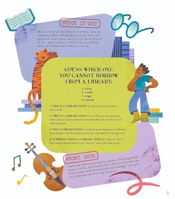 Illustration by Chanelle Nibbelink from "This Is a Library Book," written by Joyce Grant An information box titled, "Guess which one you cannot borrow from a libray" is srounded by a violin, a tiger, books, eyeglasses, and a person thinking.