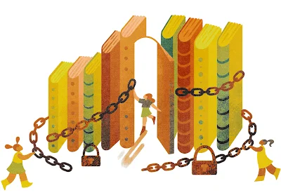 Illustration by Chanelle Nibbelink from "This Is a Library Book," written by Joyce Grant Small figures unlock chains around books.