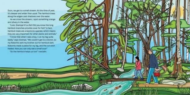 A girl and her barefoot grandfather walk through a forest and along a log to cross a small waterway.