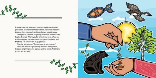 A larger hand drops dried tobacco into a smaller hand against a background of drawings of a bear, fish, bird, tree, and sun.