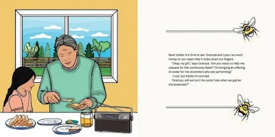 An older man spreads honey on toast as a young girl watches.