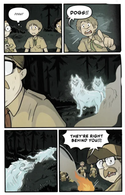 Illustration by Josh Rosen from Haunted Canada Graphic Novel, Volume 3: Four Chilling Tales, written by Joel A. Sutherland A boy scout points out a pair of ghostly dogs behind the scout leader as the boys sit around a camp fire.