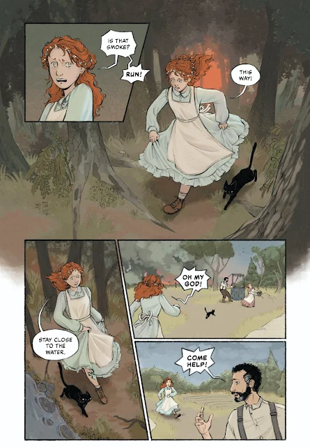 Illustration by Sara Harding from "Haunted Canada Graphic Novel, Vol. 3: Four Chilling Tales, written by Joel A. Sutherland A young woman in a long dress and apron runs from a forest fire with her black cat by her side. She rushes to help her parents protect the family farm.