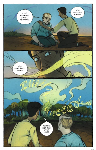Illustration by Jackie Reynolds from Haunted Canada Graphic Novel, Volume 3: Four Chilling Tales, written by Joel A. Sutherland A man comforts a distraught man as they kneel in a field. A yellow smell wafts over from nearby as they hear a haunting sound.