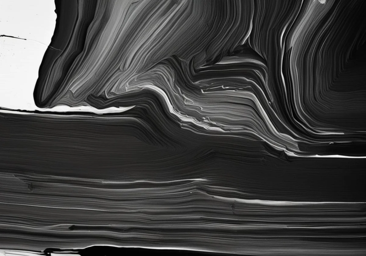 Abstract black and white paint texture with swirling, smooth lines.